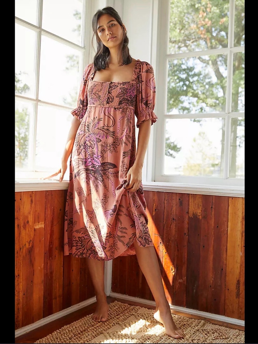 Anthropologie Rose-Pink Smocked Square-Neck Midi Dress with Floral Print